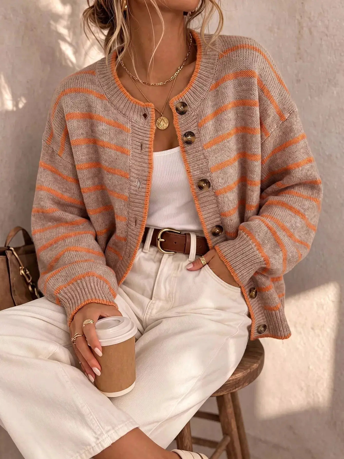 Striped Button-Down Knit Cardigan by Trendsi; beige knit with orange stripes, button-front