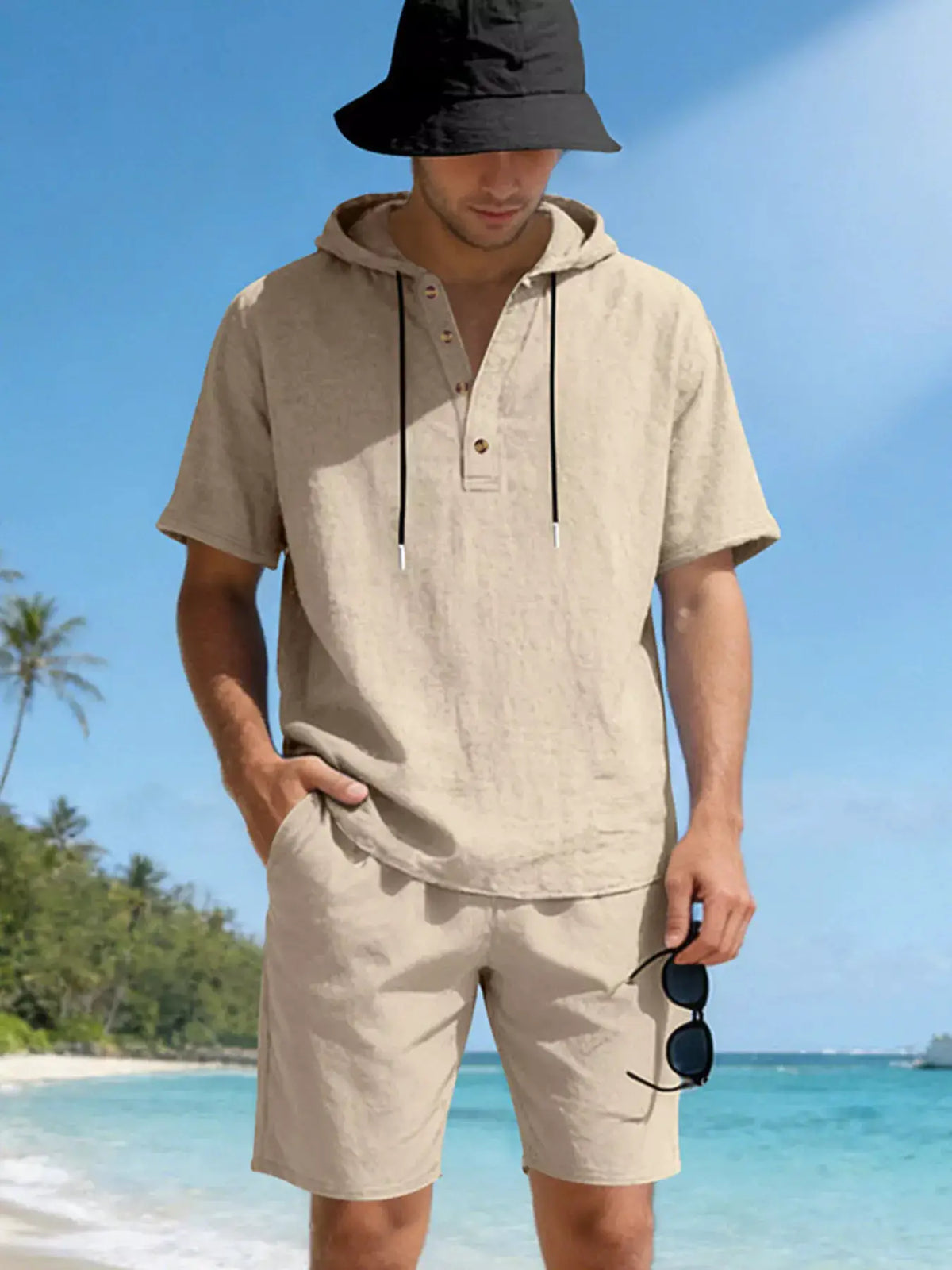 Mens beige linen-blend hooded top and shorts set by Trendsi, casual two-piece outfit