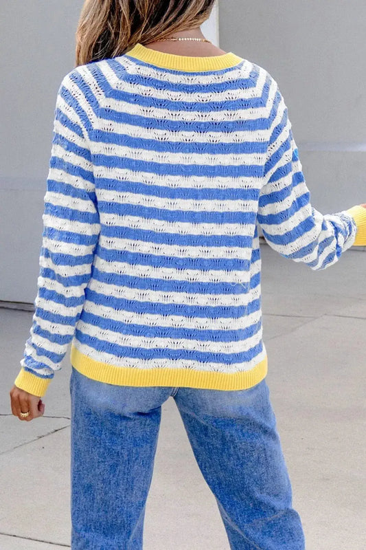 Striped knit button-up cardigan with blue and white stripes, yellow ribbed cuffs and hem, back view