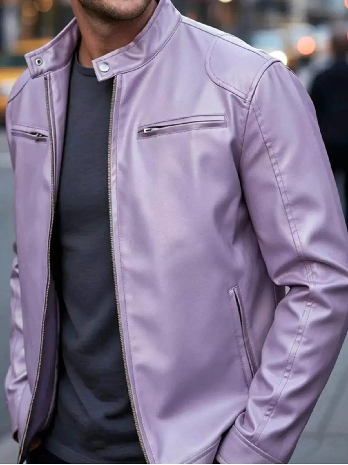 Men's lavender faux-leather bomber jacket with zip pockets and snap-button collar