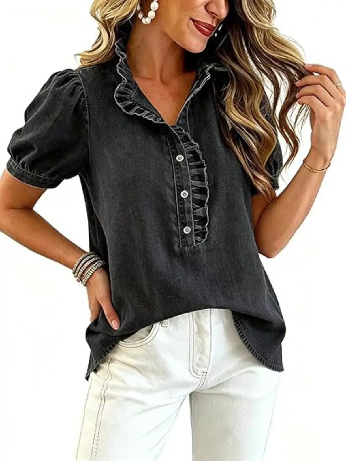Frill puff sleeve denim top with front button closure, black wash