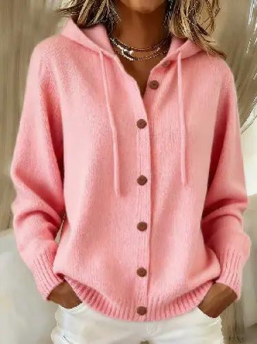 Women's pink relaxed-fit hooded cardigan with chunky knit and button-front closure