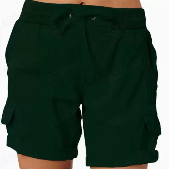 Lightweight women's cargo shorts in dark green with drawstring waist and deep pockets.