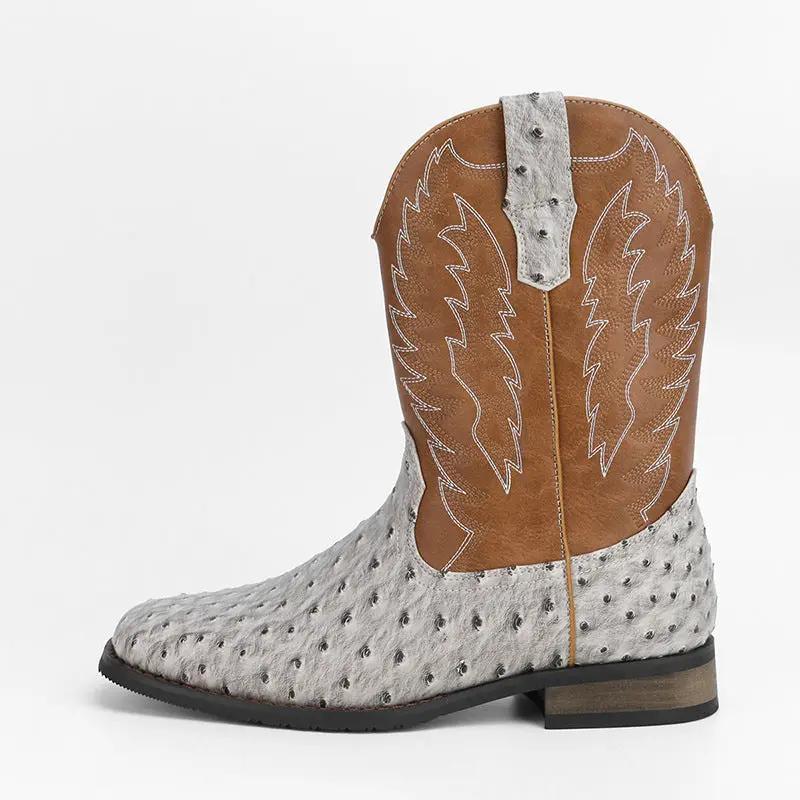 Maverick Men’s mid-calf western boots with wedge heel; gray ostrich-textured lower and tan leather upper by AdTec.