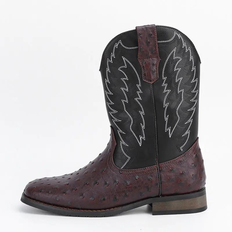 AdTec Maverick men's mid-calf western boot with wedge heel; maroon textured leather, black shaft, contrast stitching.