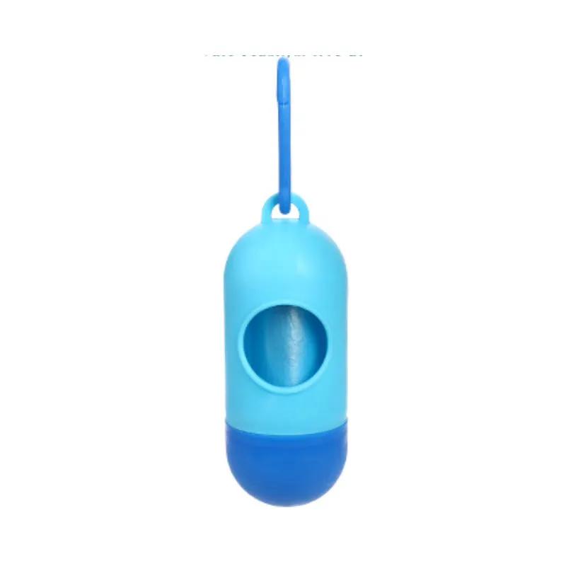 Dog poop bag dispenser, blue plastic, attachable to leash for pet waste cleanup