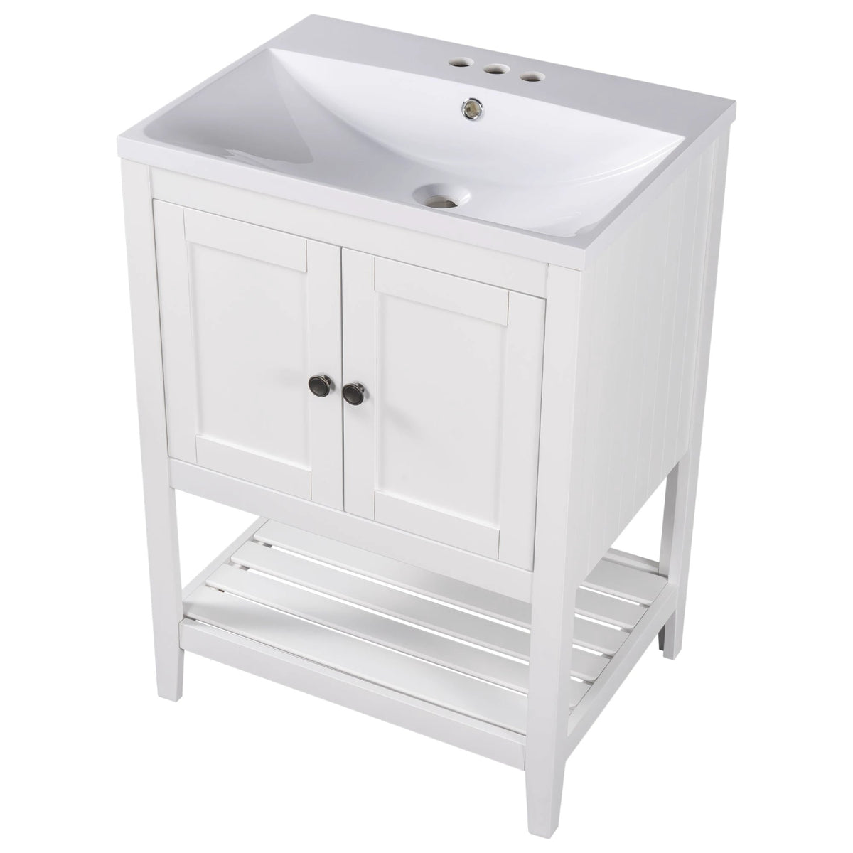 24" White Modern Sleek Bathroom Vanity Elegant Ceramic Sink with Solid Wood Frame Open Style Shelf by eprolo