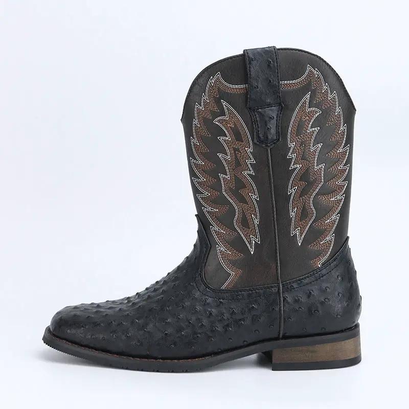 Maverick Men Mid Calf Western Boots With Wedge Heel, black ostrich-textured leather with wing embroidery