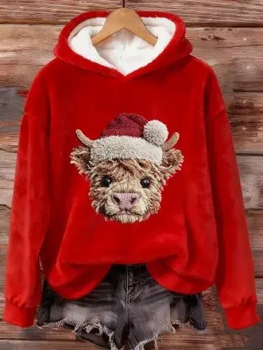 Womens Flannel Christmas Crew-Neck Long-Sleeve Top, red fleece with sherpa-lined hood and reindeer graphic