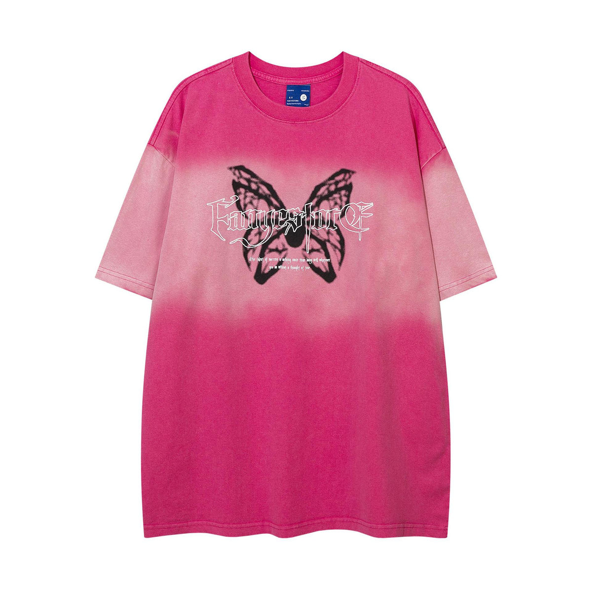 Camiseta de manga corta con bordado de mariposas degradado y efecto desgastado