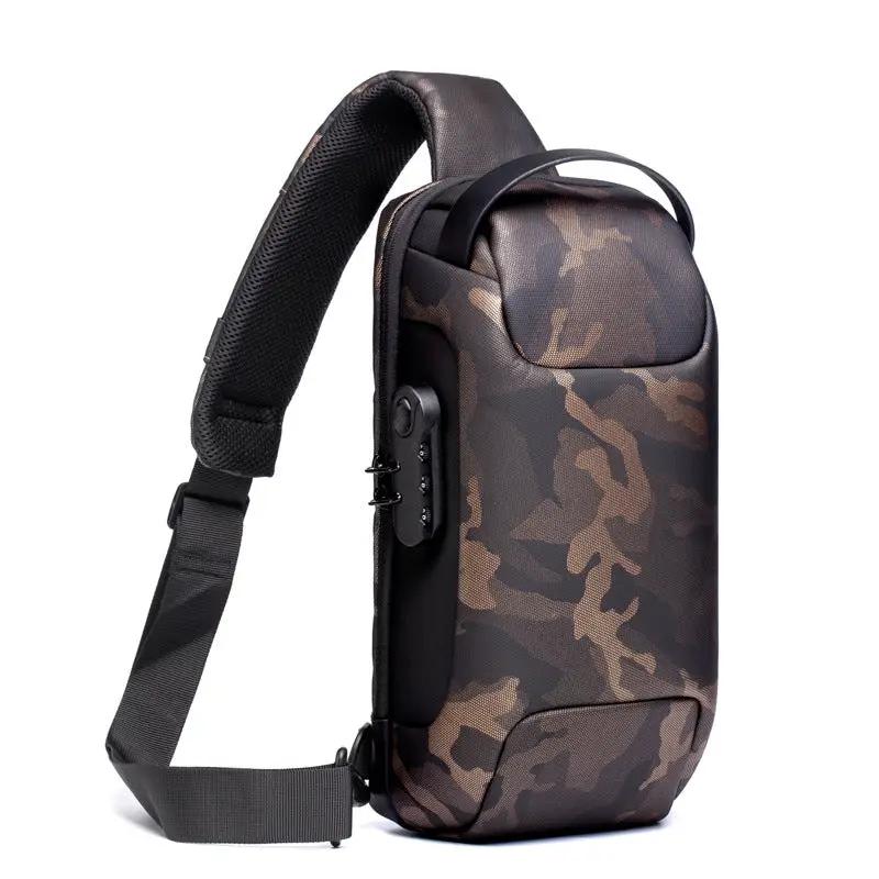 AdTec anti-theft oxford chest bag in camo with padded laptop sleeve and zip pockets