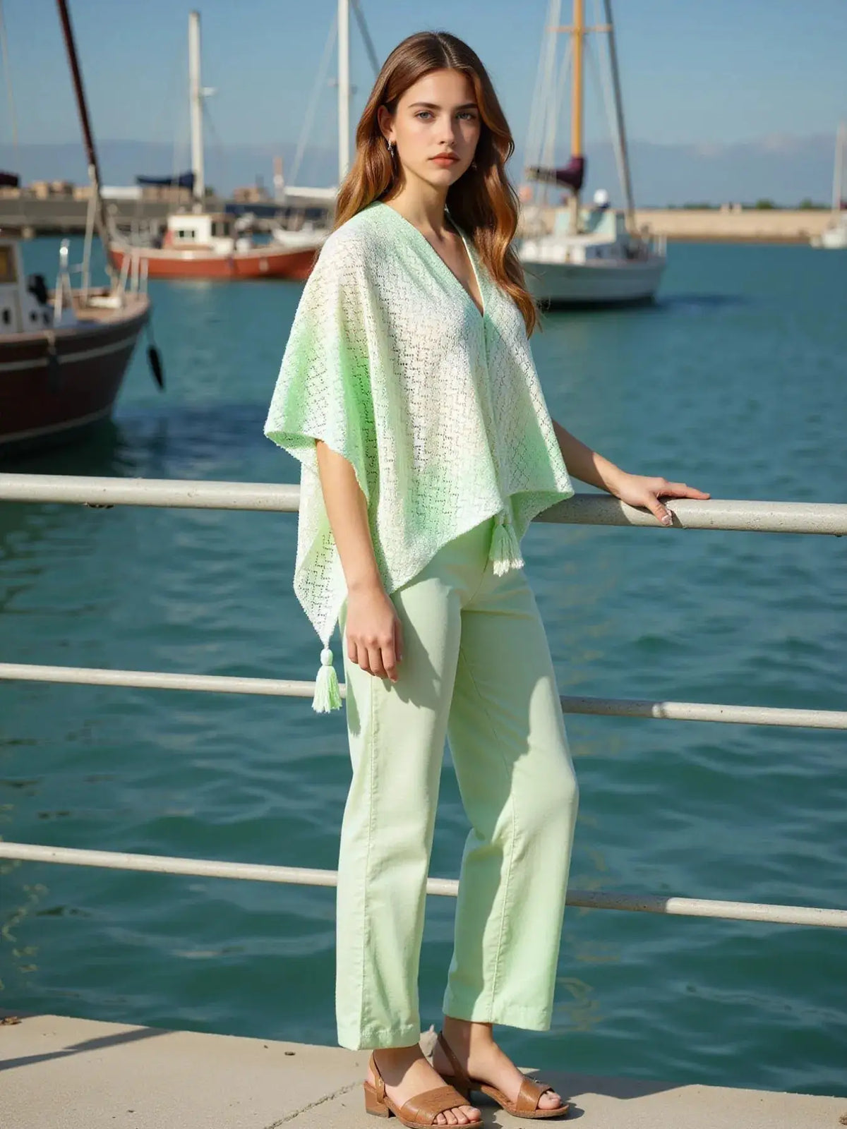 Lightweight gradient openwork knit tassel beach cover up in mint green with tassel accents.