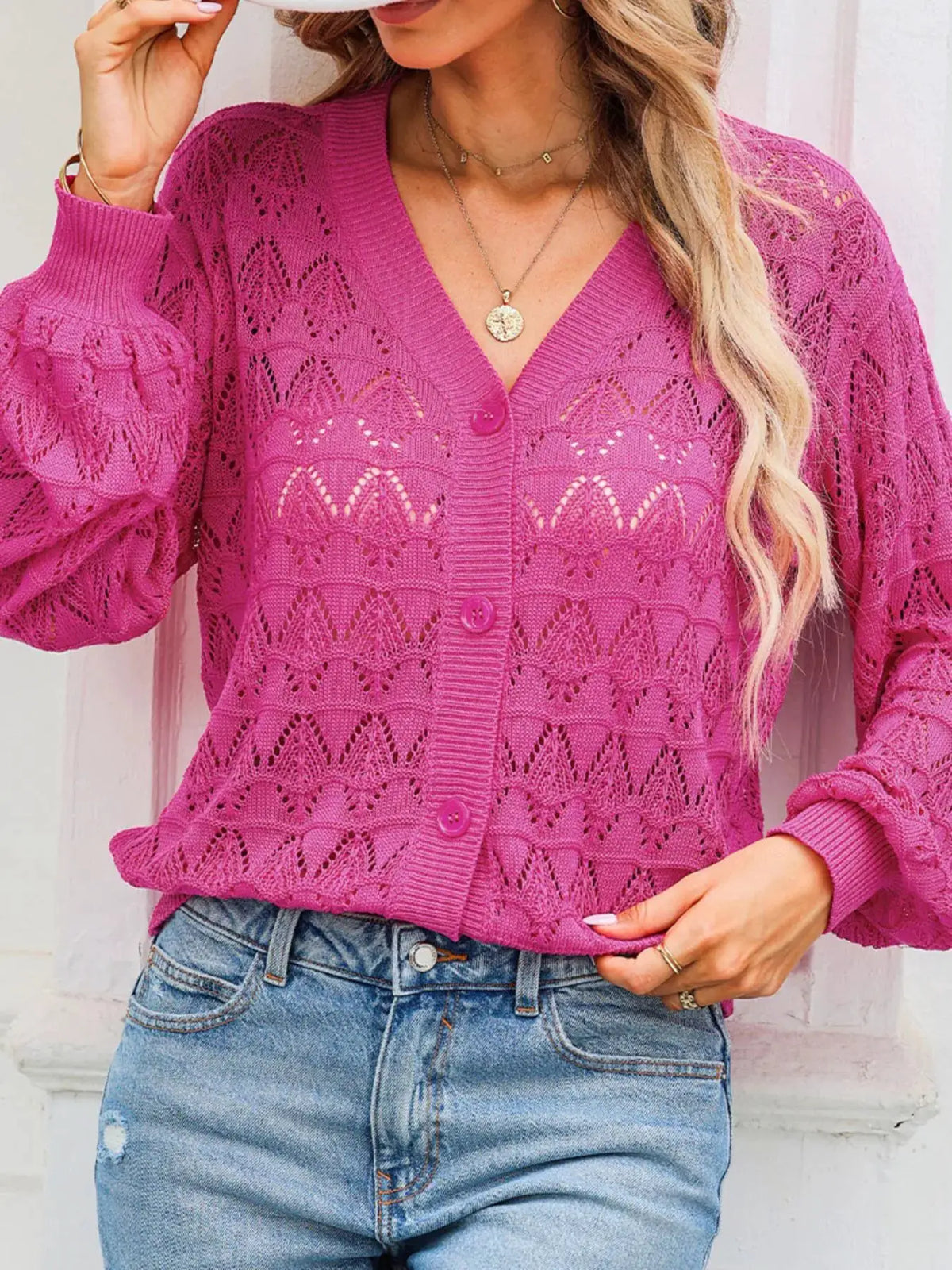Button Front Openwork Cardigan in bright pink with textured stretch detail