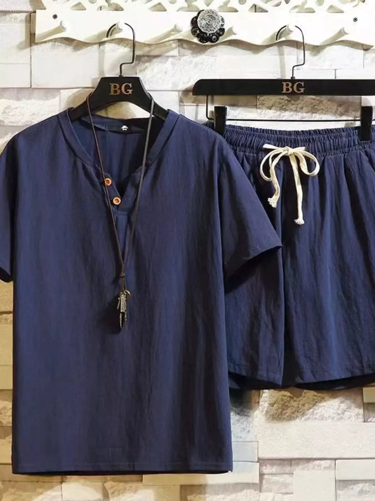 Men's plus-size cotton short-sleeve top and matching navy lounge shorts set