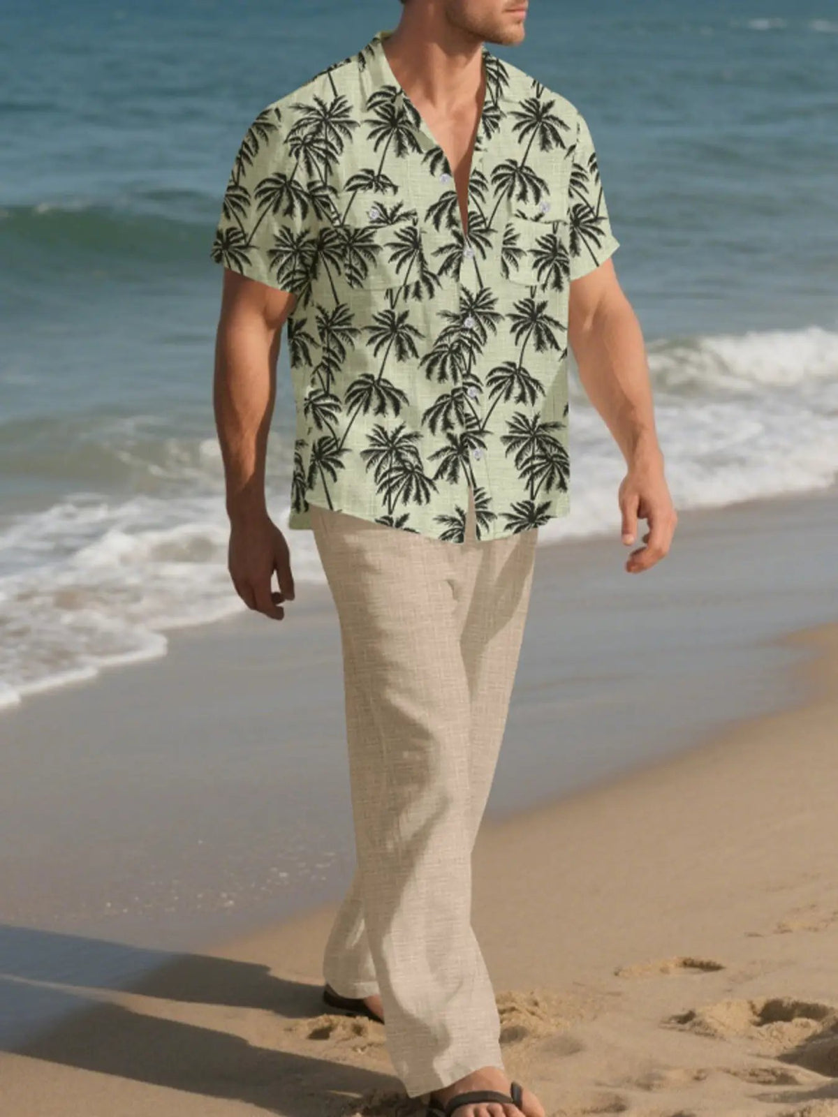 Men's plus-size tropical palm-print shirt and pants set by Trendsi; beige linen-look fabric, 2-piece ensemble