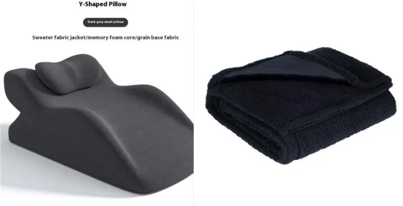 AdTec water-proof blanket with flannel cotton velvet; two items: dark grey Y-shaped pillow and folded black blanket