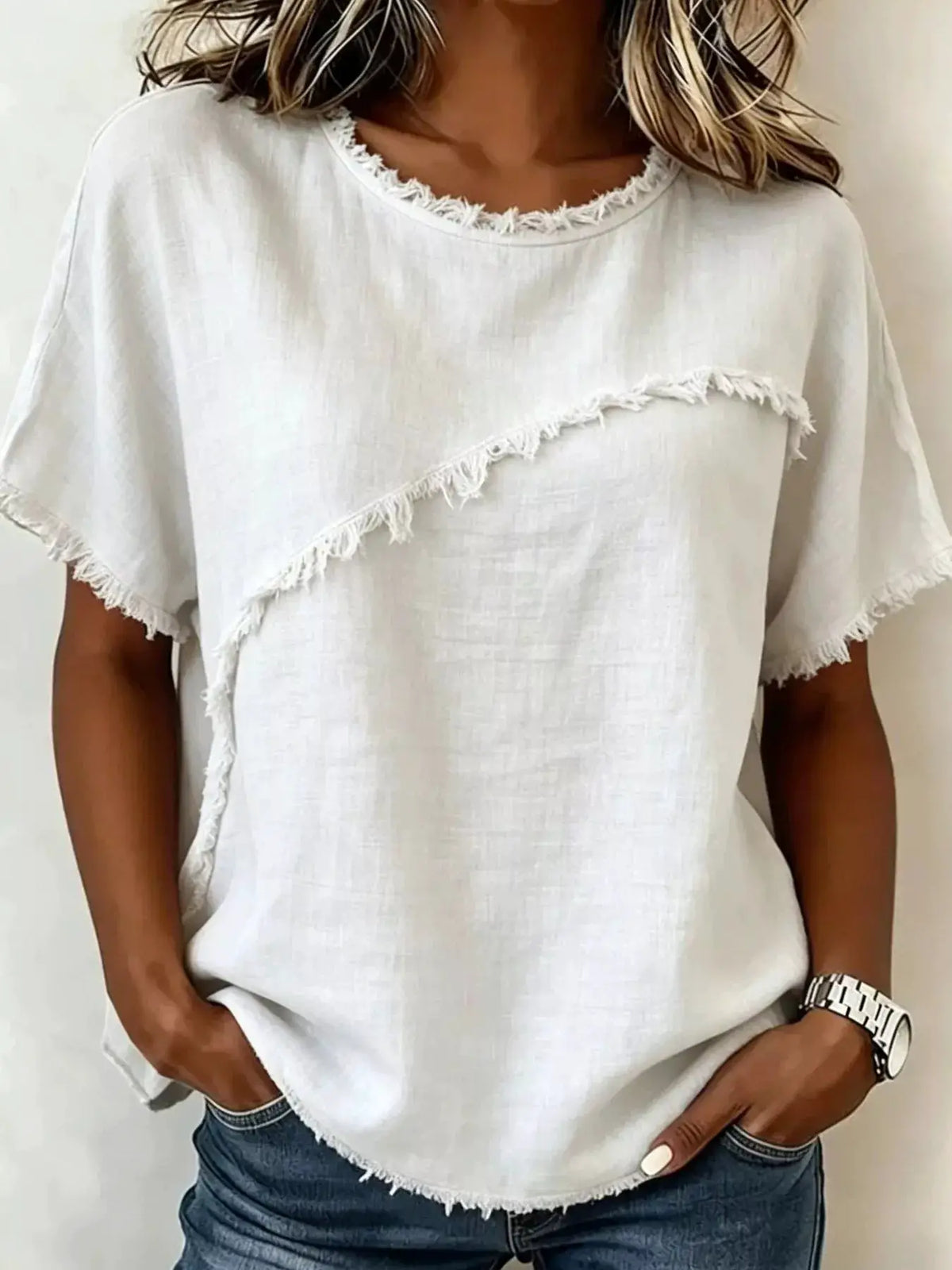 Frayed-hem short-sleeve top plus size white loose fit