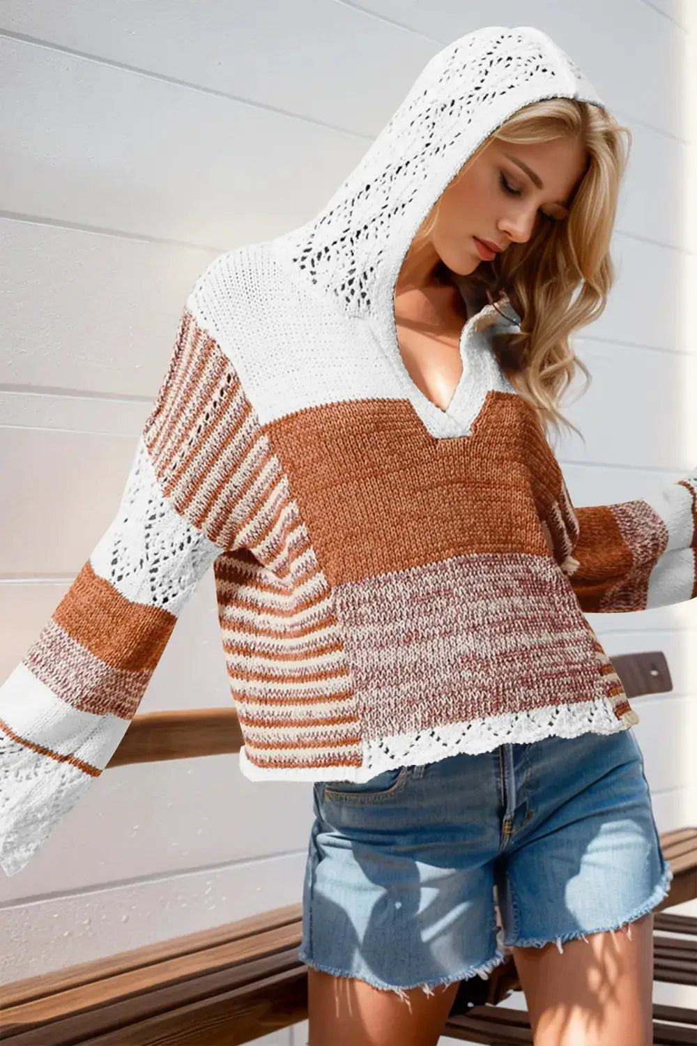 Double Take full-size openwork contrast hooded knit sweater, plus size, white and rust color blocks, long sleeves