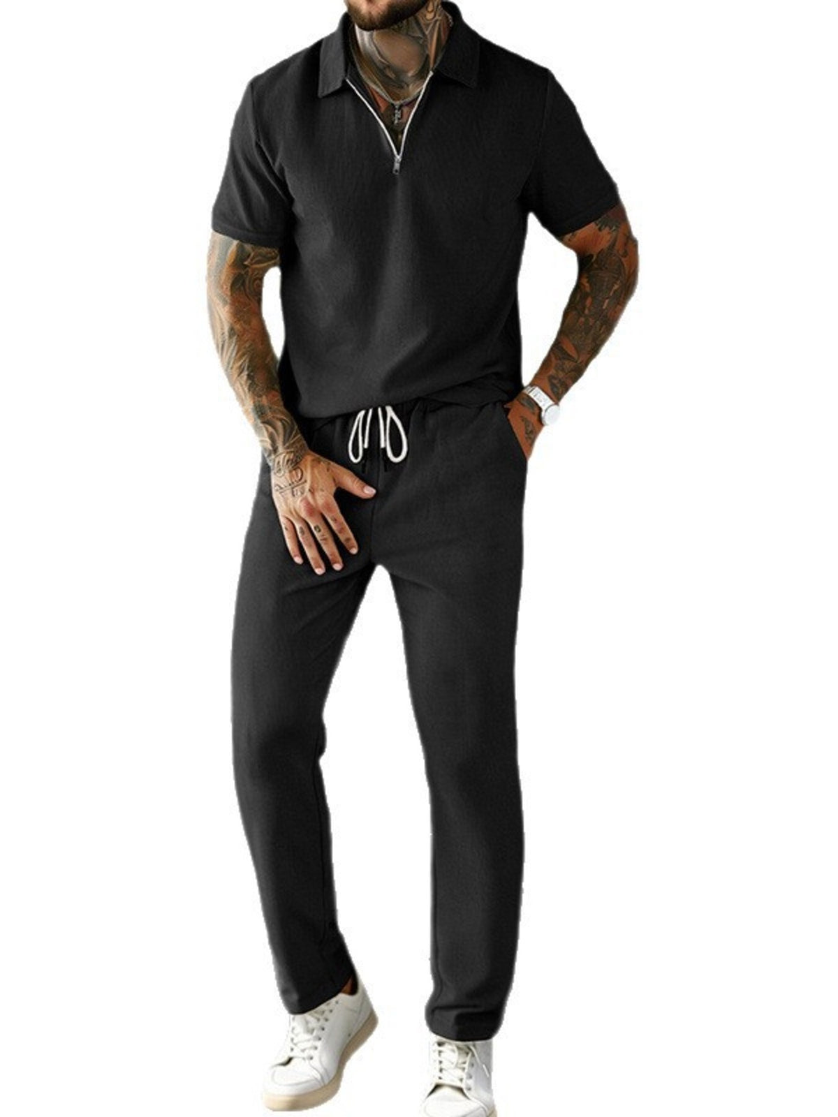Trendsi men's black 2-piece casual zip polo shirt and drawstring pants set; plus size