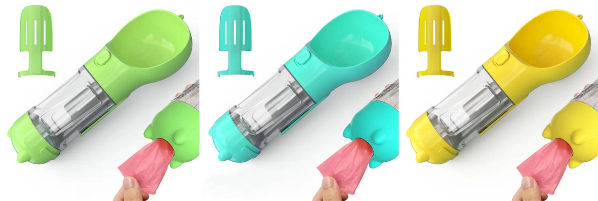 Pet water bottle feeder bowl 3-in-1 set in green, teal, and yellow; 3-pack for portable outdoor use