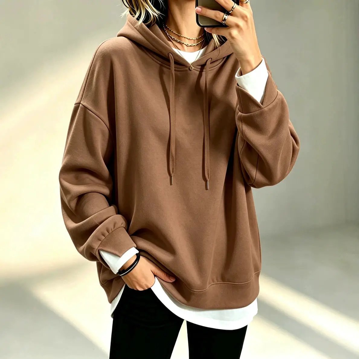 Plus-size loose-fit long-sleeve hoodie with drawstrings in taupe brown by AdTec