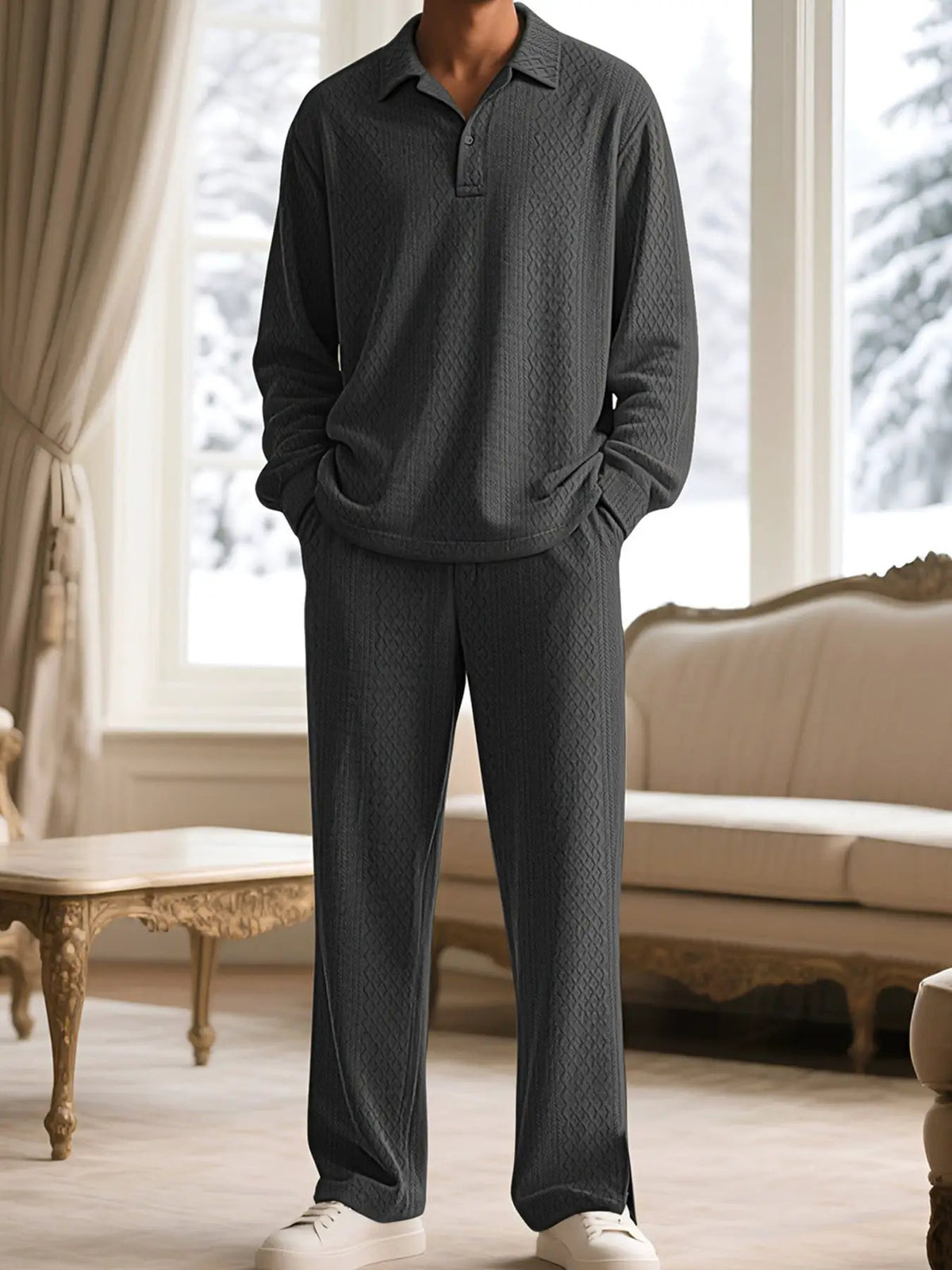 Mens textured long-sleeve top and pants set in charcoal gray with pockets, plus size, by Trendsi