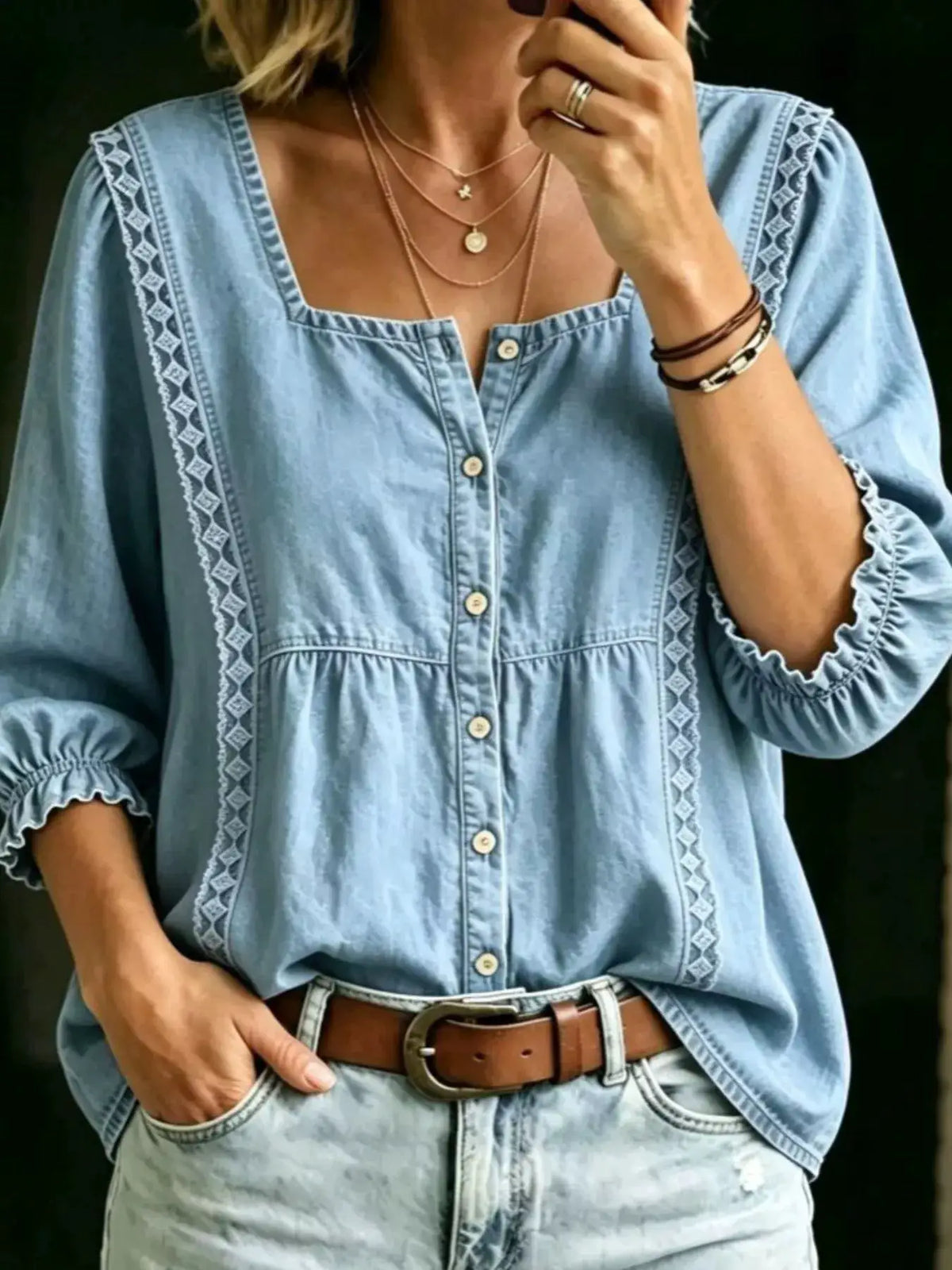 Plus Size Square-Neck Denim Shirt with Button-Down Front and Lace Trim, Light Blue