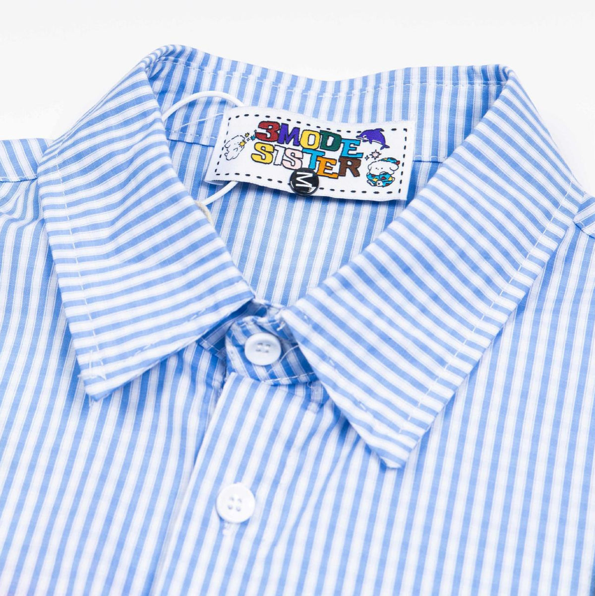 Dog graffiti striped short-sleeved shirt, blue and white stripes, street fashion style, by eprolo