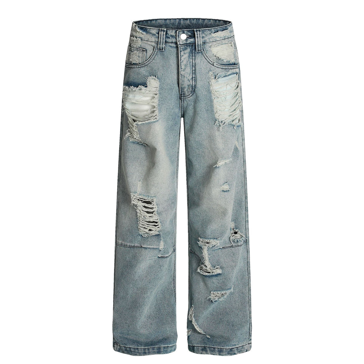 Distressed wide-leg jeans by eprolo, light-wash denim with heavy rips, unisex oversized