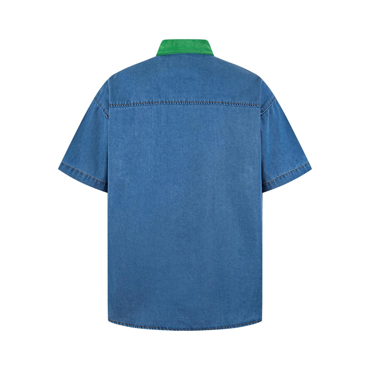 Blue denim shirt with a bright green ribbed collar, short sleeves, back view