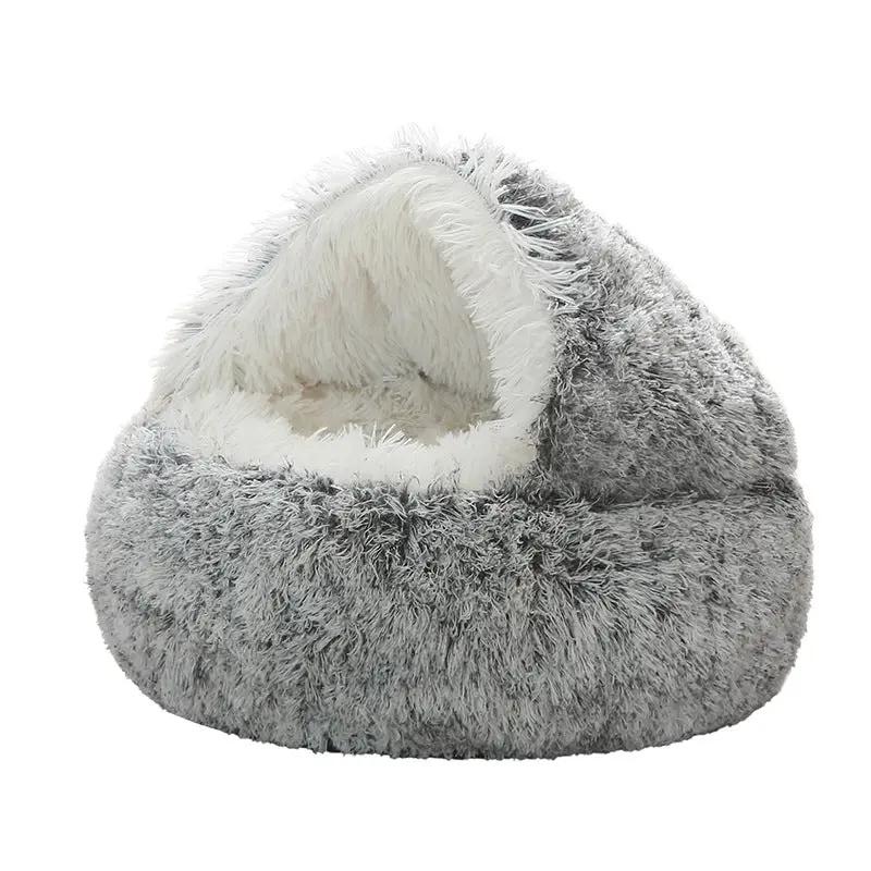Semi-closed cat bed gray plush shell nest with white interior by AdTec