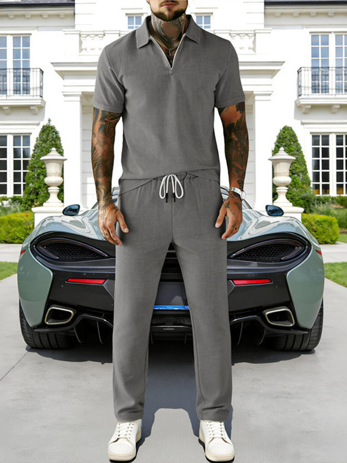 Men's gray 2-piece casual zip polo shirt and drawstring pants set plus size