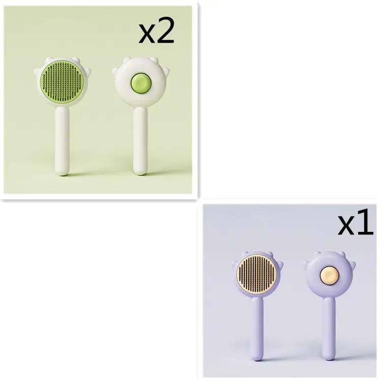 Cat grooming massage comb set in green and lavender; includes 2 green brushes and 1 lavender brush