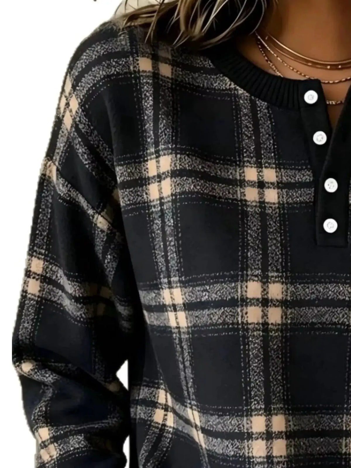 Women plus-size long-sleeve plaid button-front sweatshirt in navy with beige checks and white buttons