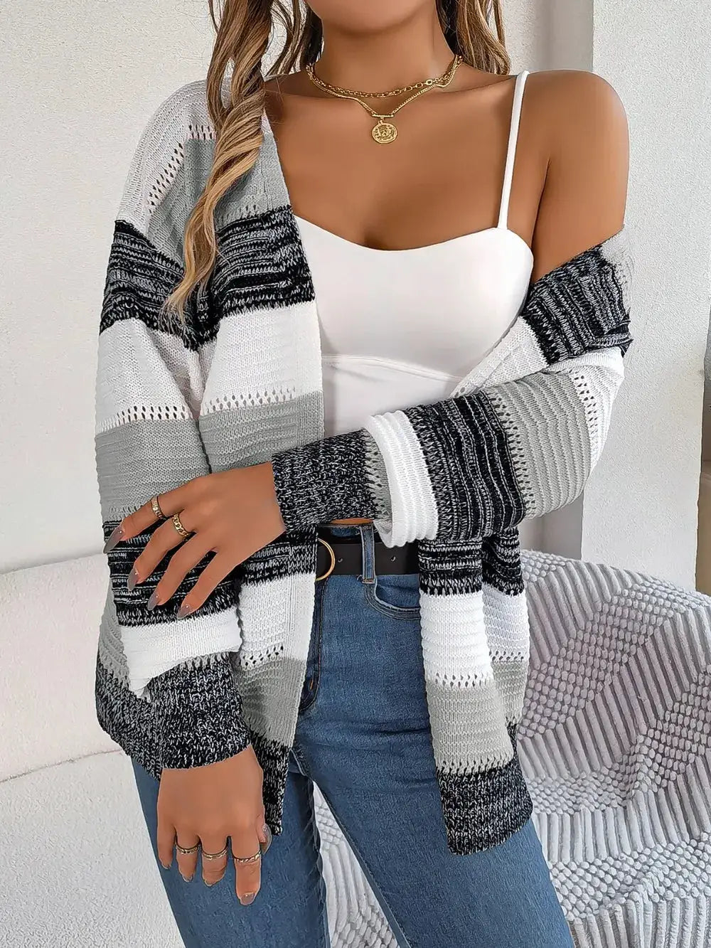 Trendsi openwork striped cardigan; open-front, lightweight relaxed knit in white, gray, and black.