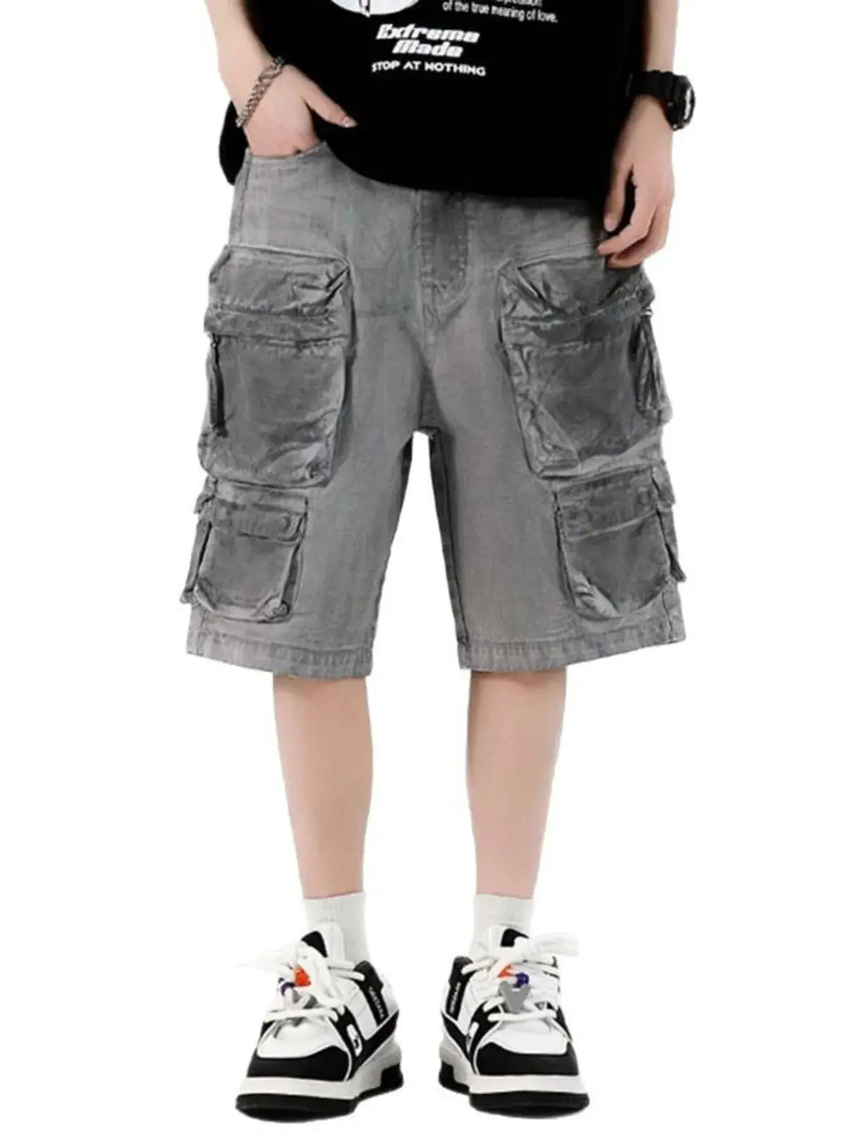 Men's wide-leg cargo denim shorts with stretch cotton, gray wash, large flap cargo pockets