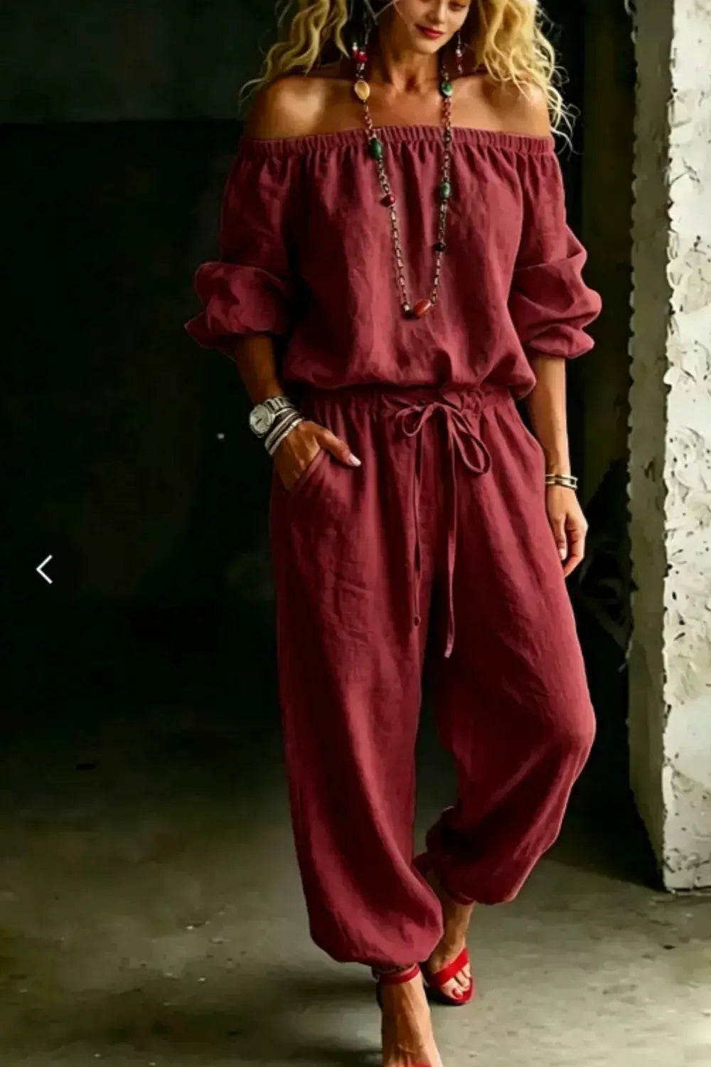 Full-Size Off-Shoulder Top and Pants Set Plus Size by Trendsi, burgundy with drawstring waist.