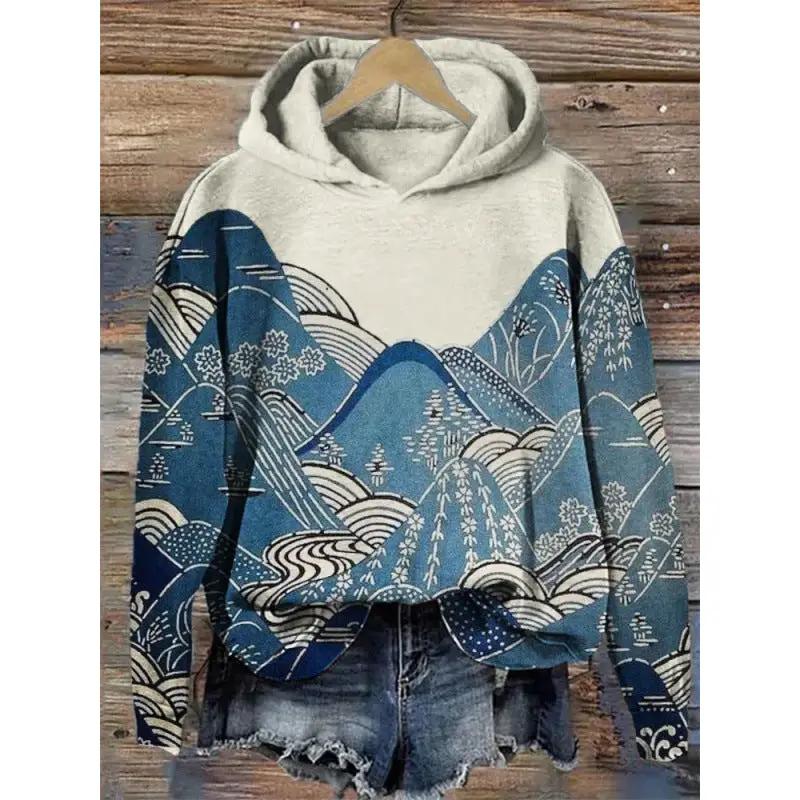 Womens Floral Printed Hooded Long Sleeve Pullover Sweatshirt with blue and cream mountain pattern
