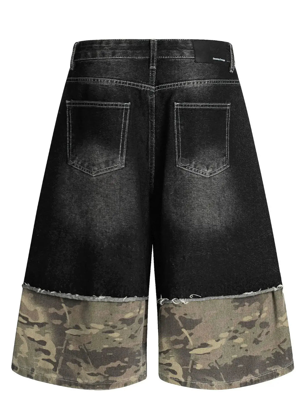 Mens distressed camo-panel denim shorts with cotton stretch; dark-wash back view with two pockets, Trendsi