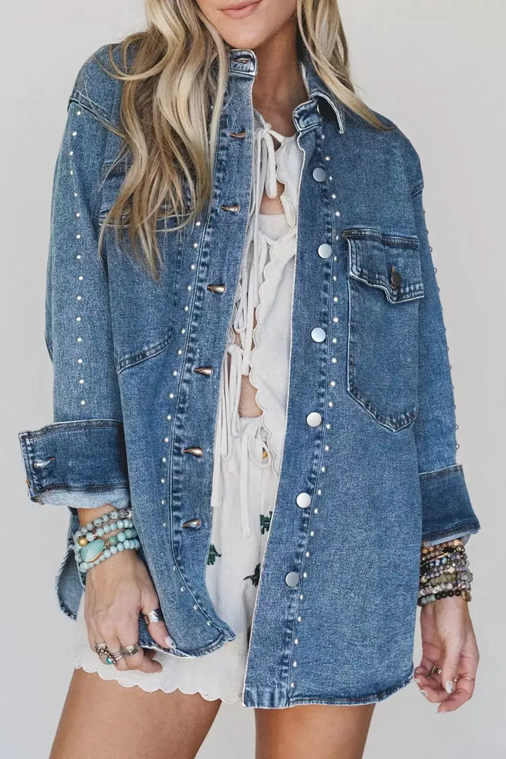 Trendsi Western Style Rivet Studded Denim Jacket, blue denim with silver studs and rolled cuffs
