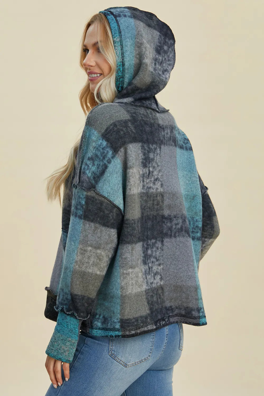 Plaid fleece hoodie, plus-size, teal-gray plaid with dropped shoulders