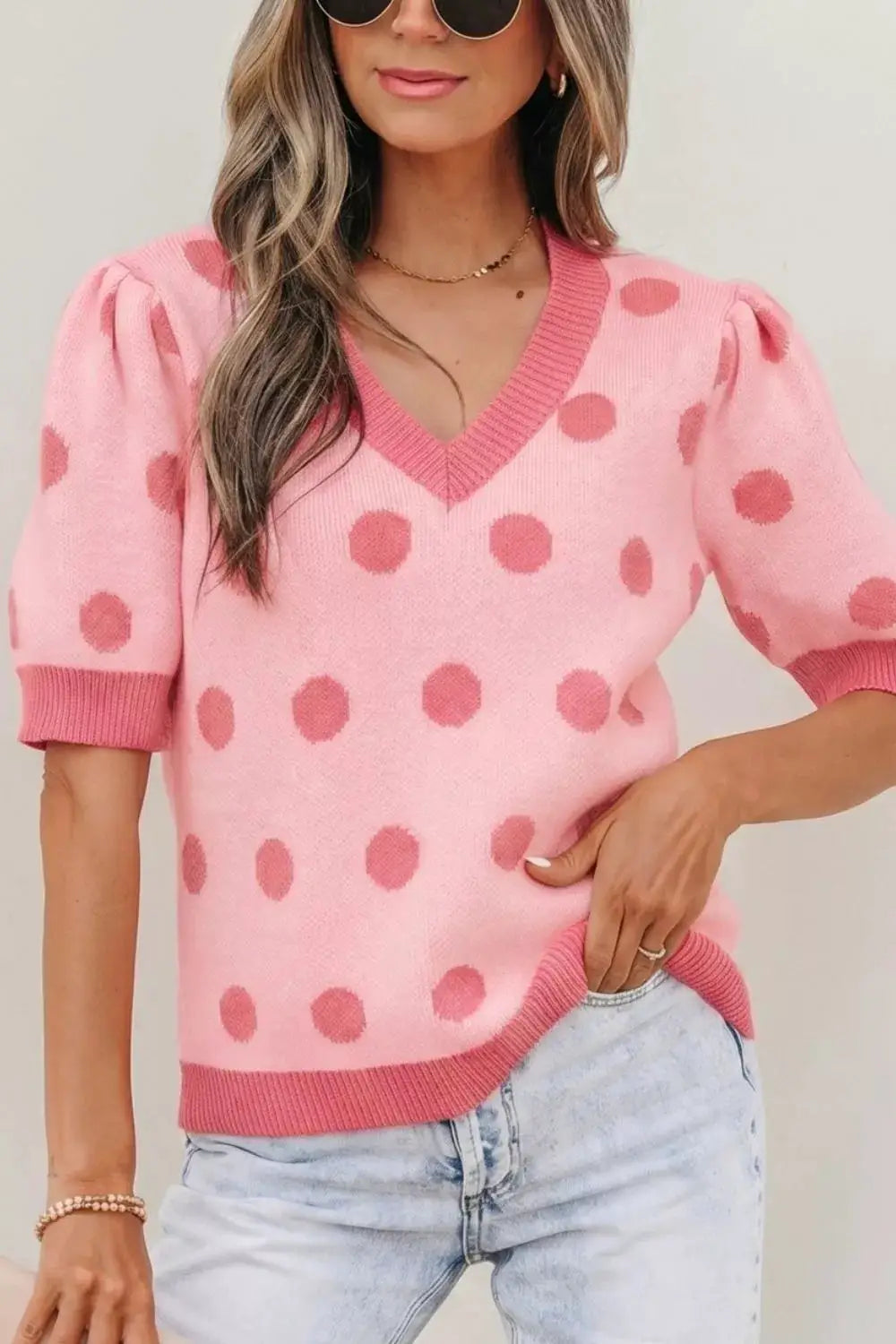 Chic pink polka-dot puff-sleeve knit sweater top with V-neck and gentle stretch, by Trendsi