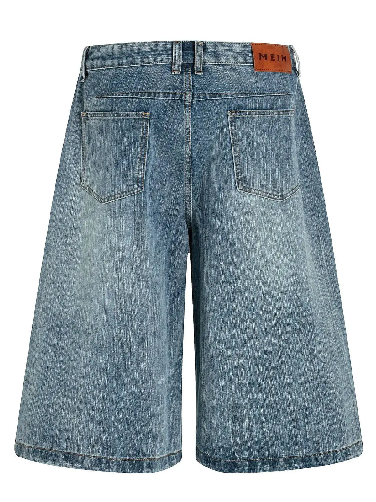 Men's wide-leg denim shorts in light wash with back pockets and MEIM patch