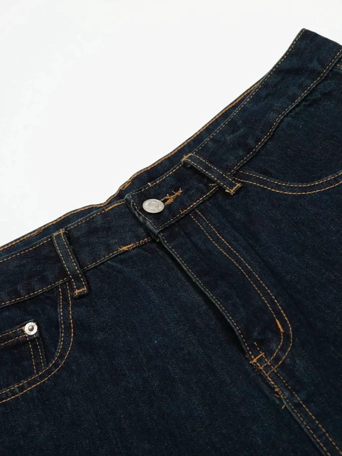 Mens oversized wide-leg denim shorts, dark blue 100% cotton with orange contrast stitching