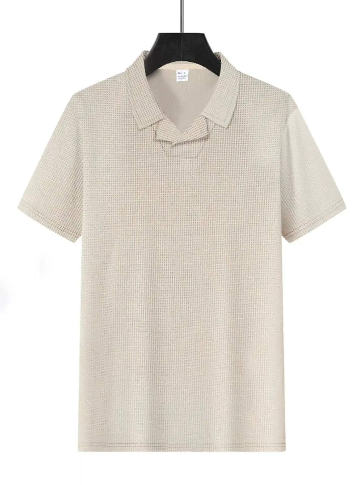 Men's beige textured short-sleeve polo top on a hanger
