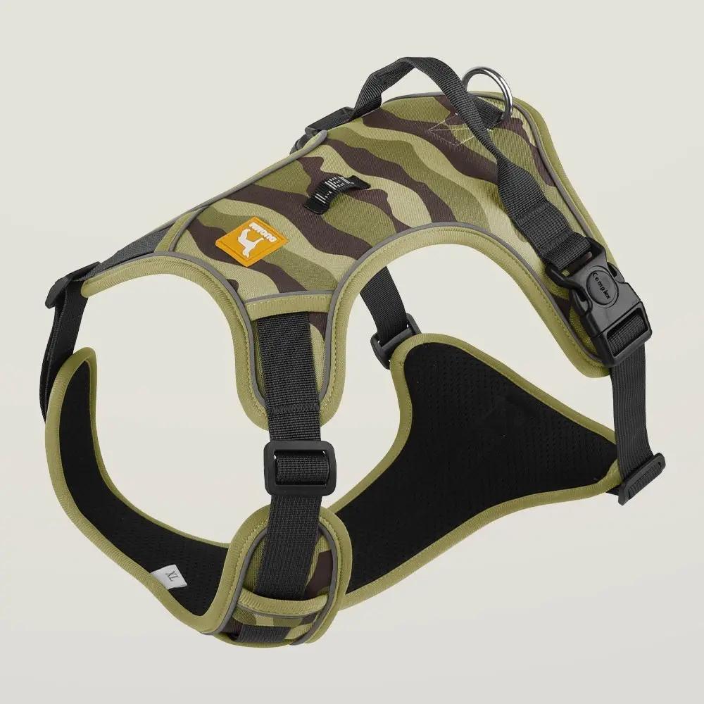 AdTec camo dog chest and back harness with reflective trim and D-ring leash attachment.