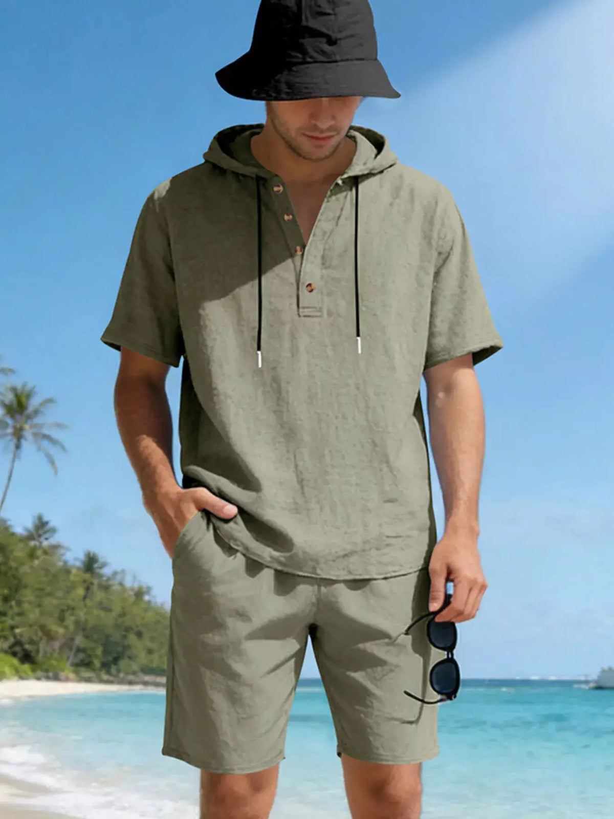 Mens linen-blend hooded top and shorts set in olive green, two-piece outfit