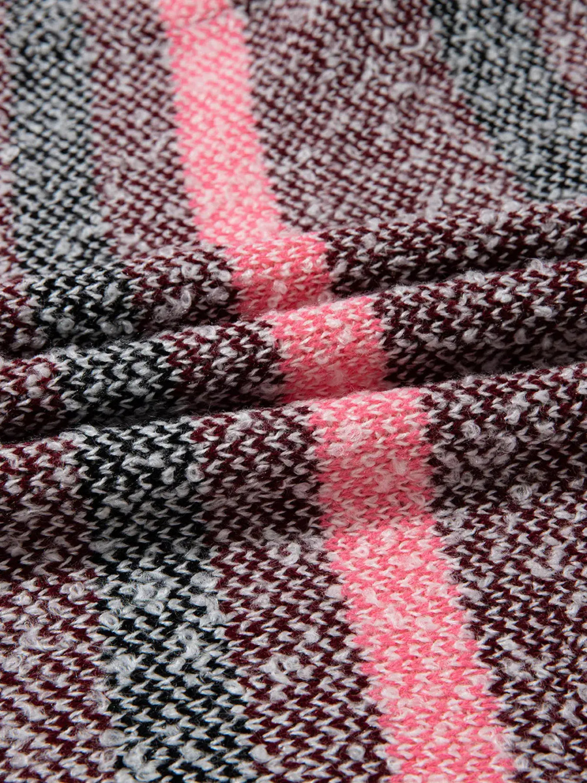 Multi-color striped cardigan; soft stretch knit in pink, maroon and white tones