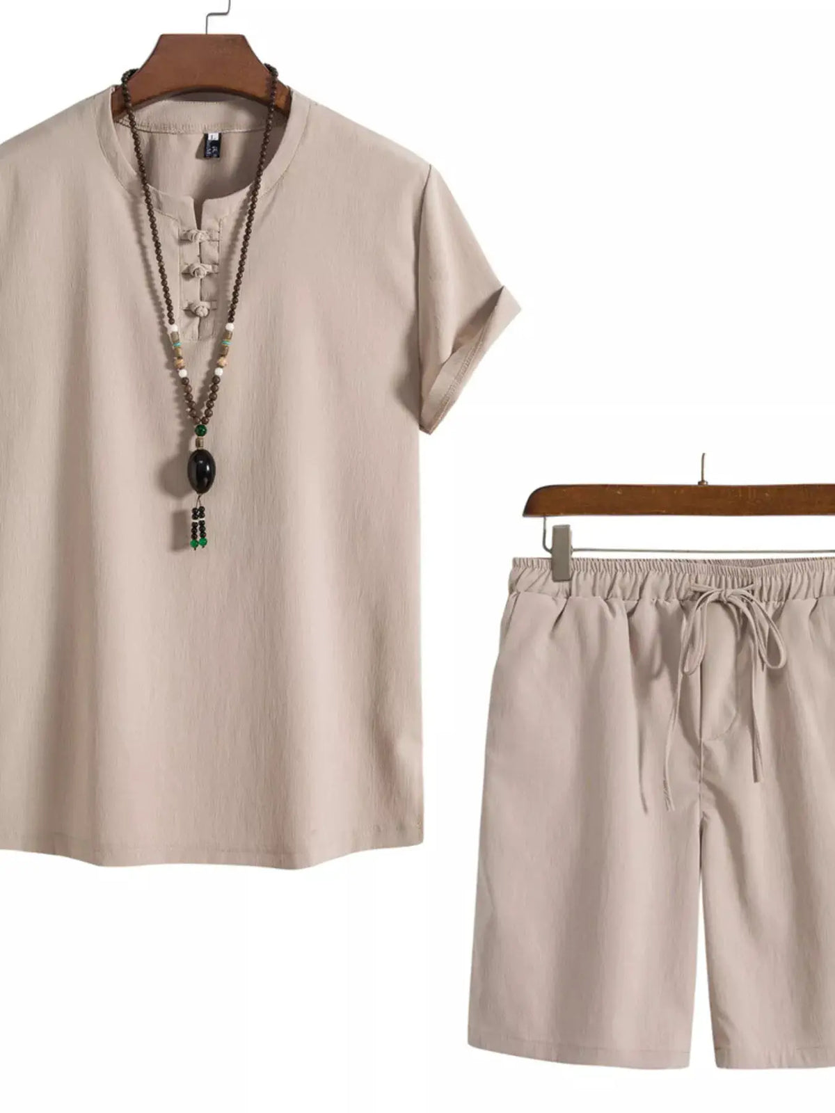 Beige men's plus-size mandarin-collar short-sleeve shirt and shorts set; two-piece ensemble.