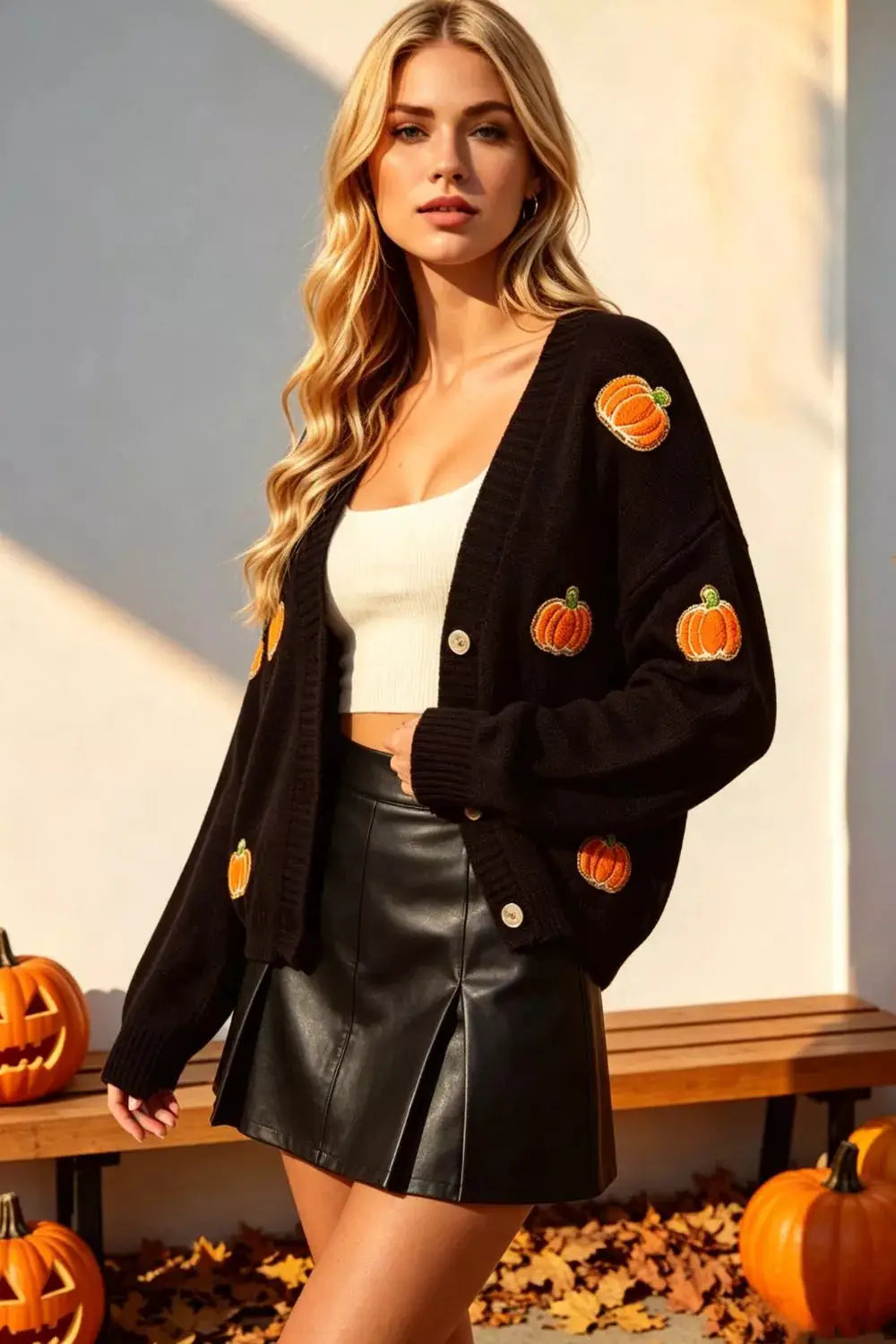 Double Take pumpkin cardigan by Trendsi; black knit long-sleeve, plus size, button-up with pumpkin embroidery
